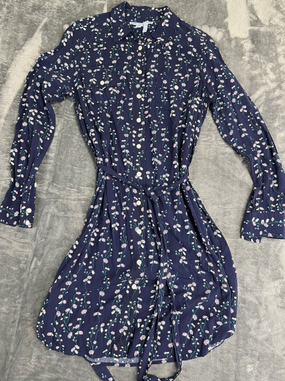 Draper James Womens Navy Daisy Print Belted Shirt Dress Size 8